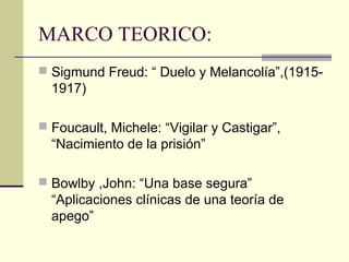 MARCO TEORICO:
 Sigmund Freud: “ Duelo y Melancolía”,(1915-
1917)
 Foucault, Michele: “Vigilar y Castigar”,
“Nacimiento de la prisión”
 Bowlby ,John: “Una base segura”
“Aplicaciones clínicas de una teoría de
apego”
 