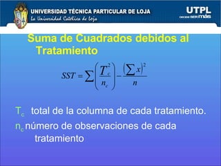 Suma de Cuadrados debidos al Tratamiento T c  total de la columna de cada tratamiento. n c   número de observaciones de cada tratamiento 