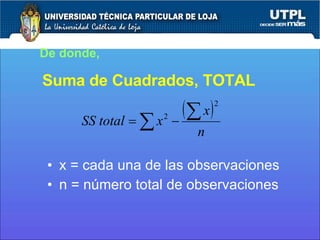 <ul><li>De donde, </li></ul>Suma de Cuadrados, TOTAL <ul><li>x = cada una de las observaciones </li></ul><ul><li>n = númer...