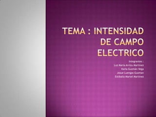 Tema : intensidad de campo electrico Integrantes :  Luz MariaArvizuMartinez Karla Guzmán Vega JosueLuengasGuzman Estibaliz Martel Martinez 