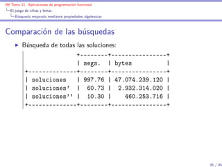 IM Tema 11: Aplicaciones de programación funcional
  El juego de cifras y letras
     Búsqueda mejorada mediante propiedades algebraicas



Comparación de las búsquedas
         Búsqueda de todas las soluciones:
                           +--------+----------------+
                           | segs. | bytes             |
          +--------------+--------+----------------+
          | soluciones     | 997.76 | 47.074.239.120 |
          | soluciones' | 60.73 | 2.932.314.020 |
          | soluciones'' | 10.30 |         460.253.716 |
          +--------------+--------+----------------+




                                                           35 / 45
 