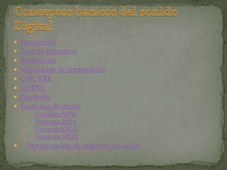    Frecuencia
   Tasa de muestreo
   Resolución
   Velocidade de transmisión
   CBR/VBR
   CODEC
   Decibelio
   Formatos de audio
    1.   Formato WAV
    2.   Formato MP3
    3.   Formato OGG
    4.   Formato MIDI
    Optimización de arquivos de audio
 