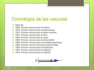 Cronología de las vacunas
   Siglo XX
   1926: Primera vacuna para tos ferina;
   1927: Primera vacuna para la tuberculosis;
   1937: Primera vacuna para la fiebre amarilla;
   1937: Primera vacuna para el tifus;
   1945: Primera vacuna para la gripe;
   1952: Primera vacuna para la poliomielitis;
   1954: Primera vacuna para la encefalitis japonesa;
   1962: Primera vacuna oral para la poliomielitis;
   1964: Primera vacuna para el sarampión;
   1967: Primera vacuna para la paperas;
   1970: Primera vacuna para la rubéola;
 