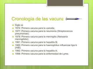 Cronología de las vacunas
   Siglo xx
   1974: Primera vacuna para la varicela;
   1977: Primera vacuna para la neumonía (Streptococcus
    pneumoniae);
   1978: Primera vacuna para la meningitis (Neisseria
    meningitidis);
   1981: Primera vacuna para la hepatitis B;
   1985: Primera vacuna para la haemophilus influenzae tipo b
    (HiB);
   1992: Primera vacuna para la hepatitis A;
   1998: Primera vacuna para la enfermedad de Lyme;
 