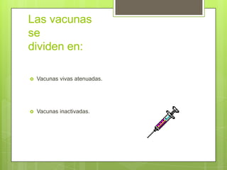 Las vacunas
se
dividen en:

   Vacunas vivas atenuadas.




   Vacunas inactivadas.
 
