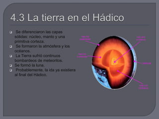  Se diferenciaron las capas
sólidas: núcleo, manto y una
primitiva corteza.
 Se formaron la atmósfera y los
océanos.
 La Tierra sufrió continuos
bombardeos de meteoritos.
 Se formó la luna.
 Probablemente, la ida ya existiera
al final del Hádico.
 