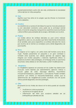 aproximadamenteel cuarto año de vida, enfatizando la necesidad
crítica del test en niños pequeños.
n) Urea
Significa que hay orina en la sangre, que los riñones no funcionan
como deberían.
o) Creatina
La creatinina es un producto de desecho que los músculos producen
a una velocidad constante como parte de la actividad normal
diaria. El torrente sanguíneo transporta la creatinina hacia los riñones
y éstos la filtran para extraerla de la sangre y eliminarla con la orina.
p) PTialina
Los niveles séricos de amilasa elevados se usan como método
diagnóstico, pero es una prueba que tiene importantes limitaciones
al ser sensible, pero poco específica. La amilasa elevada tres veces
por encima de lo normal, se considera como dintel diagnóstico de
pancreatitis.
q) Fibras
Se originan en la vagina y en uretra tanto del hombre como de la
mujer. Pueden presentarse en pequeña o en gran cantidad o
también estar ausentes. Son células grandes de aspecto algo
irregular con núcleo pequeño y redondo. Significado clínico: su
presencia no tiene valor patológico, sin embargo ante un carcinoma
escamoso, estas células se ven afectadas y sufren modificaciones.
r) Mioglobina
La mioglobina aparece en procesos en los cuales hay destrucción
muscular, como lesiones por aplastamiento, ejercicio intenso o
inusual, golpe de calor, descarga eléctrica, traumatismo
incluyendomordeduras, poliomiositis y convulsiones Puede también
aparecer con infartos al miocardio,habiéndose sabido que la
determinación de mioglobinuria puede constituirá una útil ayuda
clínica parael diagnóstico de esta patología.
s) ClNa
El aumento en los niveles de cloruro en la orina puede ser causado
por:
 Insuficiencia corticosuprarrenal
 Aumento en la ingesta de sal
 Inflamación del riñón que ocasiona pérdida de sal
(nefropatía por pérdida de sal)
 