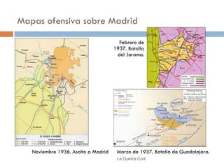 Mapas ofensiva sobre Madrid La Guerra Civil Febrero de 1937.  Batalla del  Jarama. Marzo de 1937.  Batalla de  Guadalajara. Noviembre 1936. Asalto a Madrid 