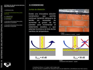 Imagen:  “ Comparacion entre tabiques”  hyspalit Juntas de dilatación Existe una innovadora solución constructiva que permite continuar haciendo tabiquería de ladrillo sin necesidad de aumentar el grosor de las paredes para incrementar el aislamiento acústico, y que además funciona a la hora de los cambios de temperatura.  Imagen:  “ Juntas de dilatacion en ladrillo”  hyspalit 2.2 EXIGENCIAS SISTEMAS DE DELIMITACIÓN ESPACIAL INDUSTRIALIZADOS  1. INTRODUCCIÓN 2. DELIMITACIÓN INDUSTRIALIZADA VERTICAL 2.1 CONCEPTOS 2.2 EXIGENCIAS 2.3 SISTEMAS 3. DELIMITACIÓN INDUSTRIALIZADA HORIZONTAL SUPERIOR 4. DELIMITACIÓN INDUSTRIALIZADA HORIZONTAL INFERIOR TEMA 14  SISTEMAS DE DELIMITACIÓN ESPACIAL INDUSTRIALIZADOS CONSTRUCCIÓN III. 5.º CURSO. AÑO 2.008-2.009  ESCUELA TÉCNICA SUPERIOR DE ARQUITECTURA DE SAN SEBASTIAN. UNIVERSIDAD DEL PAÍS VASCO 