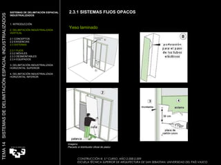 2.3.1 SISTEMAS FIJOS OPACOS Yeso laminado Imagens:  Placadis sl distribuidor oficial de pladur SISTEMAS DE DELIMITACIÓN ESPACIAL INDUSTRIALIZADOS  1. INTRODUCCIÓN 2. DELIMITACIÓN INDUSTRIALIZADA VERTICAL 2.1 CONCEPTOS 2.2 EXIGENCIAS 2.3 SISTEMAS 2.3.1 FIJOS 2.3.2 MÓVILES 2.3.3 DESMONTABLES 2.3.4 EQUIPADOS 3. DELIMITACIÓN INDUSTRIALIZADA HORIZONTAL SUPERIOR 4. DELIMITACIÓN INDUSTRIALIZADA HORIZONTAL INFERIOR TEMA 14  SISTEMAS DE DELIMITACIÓN ESPACIAL INDUSTRIALIZADOS CONSTRUCCIÓN III. 5.º CURSO. AÑO 2.008-2.009  ESCUELA TÉCNICA SUPERIOR DE ARQUITECTURA DE SAN SEBASTIAN. UNIVERSIDAD DEL PAÍS VASCO 