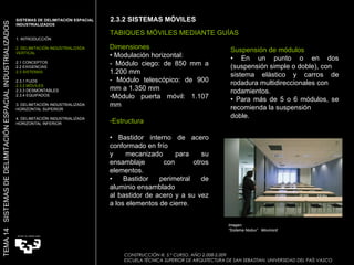Imagen:  “ Sistema Nodux”  Movinord Dimensiones •  Modulación horizontal: - Módulo ciego: de 850 mm a 1.200 mm - Módulo telescópico: de 900 mm a 1.350 mm Módulo puerta móvil: 1.107 mm Estructura •  Bastidor interno de acero conformado en frío y mecanizado para su ensamblaje con otros elementos. •  Bastidor perimetral de aluminio ensamblado al bastidor de acero y a su vez a los elementos de cierre. Suspensión de módulos •  En un punto o en dos (suspensión simple o doble), con sistema elástico y carros de rodadura multidireccionales con rodamientos. •  Para más de 5 o 6 módulos, se recomienda la suspensión doble. 2.3.2 SISTEMAS MÓVILES  TABIQUES MÓVILES MEDIANTE GUÍAS SISTEMAS DE DELIMITACIÓN ESPACIAL INDUSTRIALIZADOS  1. INTRODUCCIÓN 2. DELIMITACIÓN INDUSTRIALIZADA VERTICAL 2.1 CONCEPTOS 2.2 EXIGENCIAS 2.3 SISTEMAS 2.3.1 FIJOS 2.3.2 MÓVILES 2.3.3 DESMONTABLES 2.3.4 EQUIPADOS 3. DELIMITACIÓN INDUSTRIALIZADA HORIZONTAL SUPERIOR 4. DELIMITACIÓN INDUSTRIALIZADA HORIZONTAL INFERIOR TEMA 14  SISTEMAS DE DELIMITACIÓN ESPACIAL INDUSTRIALIZADOS CONSTRUCCIÓN III. 5.º CURSO. AÑO 2.008-2.009  ESCUELA TÉCNICA SUPERIOR DE ARQUITECTURA DE SAN SEBASTIAN. UNIVERSIDAD DEL PAÍS VASCO 