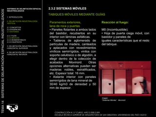 Paramentos exteriores, lana de roca y puertas •  Paneles flotantes a ambos lados del bastidor, recubiertos en su interior con láminas asfálticas. •  Tableros de aglomerado de partículas de madera, canteados y aplacados con revestimientos vinílicos semirrígidos, vinilos con soporte celulósico o de algodón, a elegir dentro de la colección de acabados Movinord. Otras opciones alternativas pueden ser maderas nobles, estratificados, etc. Espesor total: 16 mm. •  Aislante interior con paneles semirrígidos de lana mineral de 30/40 kg/m3 de densidad y 50 mm de espesor. Imagen:  “ Sistemas Móviles”  Movinord Reacción al fuego: M0 (Incombustible). •  Hoja de puerta ciega móvil, con bastidor y paneles de iguales características que el resto del tabique.  2.3.2 SISTEMAS MÓVILES  TABIQUES MÓVILES MEDIANTE GUÍAS SISTEMAS DE DELIMITACIÓN ESPACIAL INDUSTRIALIZADOS  1. INTRODUCCIÓN 2. DELIMITACIÓN INDUSTRIALIZADA VERTICAL 2.1 CONCEPTOS 2.2 EXIGENCIAS 2.3 SISTEMAS 2.3.1 FIJOS 2.3.2 MÓVILES 2.3.3 DESMONTABLES 2.3.4 EQUIPADOS 3. DELIMITACIÓN INDUSTRIALIZADA HORIZONTAL SUPERIOR 4. DELIMITACIÓN INDUSTRIALIZADA HORIZONTAL INFERIOR TEMA 14  SISTEMAS DE DELIMITACIÓN ESPACIAL INDUSTRIALIZADOS CONSTRUCCIÓN III. 5.º CURSO. AÑO 2.008-2.009  ESCUELA TÉCNICA SUPERIOR DE ARQUITECTURA DE SAN SEBASTIAN. UNIVERSIDAD DEL PAÍS VASCO 