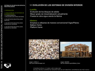 1.1 EVOLUCIÓN DE LOS SISTEMAS DE DIVISIÓN INTERIOR - Ladrillo : ·Evolución de los bloques de adobe ·Mayor grado de industrialización actualmente ·Puesta en obra sigue siendo la fábrica  - Madera : ·Empieza a utilizarse de manera convencional Vigas/Pilares ·Balloon frame ·Platform frame Imagen: LADRILLO http://www.andaluciaimagen.com  Imagen: MADERA http://es.wikipedia.org/wiki/Balloon_frame TEMA 14  SISTEMAS DE DELIMITACIÓN ESPACIAL INDUSTRIALIZADOS SISTEMAS DE DELIMITACIÓN ESPACIAL INDUSTRIALIZADOS 1. INTRODUCCIÓN 1.1 EVOLUCIÓN DE LOS SISTEMAS DE DIVISIÓN INTERIOR. 1.2 CONDICIONANTES 1.3 RELACIÓN CON OTROS SISTEMAS 2. DELIMITACIÓN INDUSTRIALIZADA VERTICAL 3. DELIMITACIÓN INDUSTRIALIZADA HORIZONTAL SUPERIOR 4. DELIMITACIÓN INDUSTRIALIZADA HORIZONTAL INFERIOR CONSTRUCCIÓN III. 5.º CURSO. AÑO 2.008-2.009  ESCUELA TÉCNICA SUPERIOR DE ARQUITECTURA DE SAN SEBASTIAN. UNIVERSIDAD DEL PAÍS VASCO 