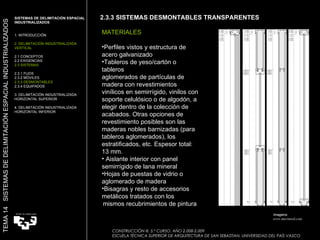 2.3.3 SISTEMAS DESMONTABLES TRANSPARENTES MATERIALES Perfiles vistos y estructura de acero galvanizado Tableros de yeso/cartón o tableros aglomerados de partículas de madera con revestimientos vinílicos en semirrígido, vinilos con soporte celulósico o de algodón, a elegir dentro de la colección de acabados. Otras opciones de revestimiento posibles son las maderas nobles barnizadas (para tableros aglomerados), los estratificados, etc. Espesor total: 13 mm. Aislante interior con panel semirrígido de lana mineral Hojas de puestas de vidrio o aglomerado de madera Bisagras y resto de accesorios metálicos tratados con los mismos recubrimientos de pintura  Imagens:  www.movinord.com SISTEMAS DE DELIMITACIÓN ESPACIAL INDUSTRIALIZADOS  1. INTRODUCCIÓN 2. DELIMITACIÓN INDUSTRIALIZADA VERTICAL 2.1 CONCEPTOS 2.2 EXIGENCIAS 2.3 SISTEMAS 2.3.1 FIJOS 2.3.2 MÓVILES 2.3.3 DESMONTABLES 2.3.4 EQUIPADOS 3. DELIMITACIÓN INDUSTRIALIZADA HORIZONTAL SUPERIOR 4. DELIMITACIÓN INDUSTRIALIZADA HORIZONTAL INFERIOR TEMA 14  SISTEMAS DE DELIMITACIÓN ESPACIAL INDUSTRIALIZADOS CONSTRUCCIÓN III. 5.º CURSO. AÑO 2.008-2.009  ESCUELA TÉCNICA SUPERIOR DE ARQUITECTURA DE SAN SEBASTIAN. UNIVERSIDAD DEL PAÍS VASCO 