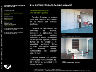 Paramentos exteriores, lana de roca y puertas •  Paneles flotantes a ambos lados del bastidor, recubiertos en su interior con láminas asfálticas. •  Tableros de aglomerado de partículas de madera, canteados y aplacados con revestimientos vinílicos semirrígidos, vinilos con soporte celulósico o de algodón, a elegir dentro de la colección de acabados Movinord. Otras opciones alternativas pueden ser maderas nobles, estratificados, etc. Espesor total: 16 mm. •  Aislante interior con paneles semirrígidos de lana mineral de 30/40 kg/m3 de densidad y 50 mm de espesor. Imagen:  “ Sistema tabique armario”  Movinord Imagen:  “ Sistema tabique armario”  Movinord 2.3.4 SISTEMA EQUIPADO TABIQUE-ARMARIO SISTEMAS DE DELIMITACIÓN ESPACIAL INDUSTRIALIZADOS  1. INTRODUCCIÓN 2. DELIMITACIÓN INDUSTRIALIZADA VERTICAL 2.1 CONCEPTOS 2.2 EXIGENCIAS 2.3 SISTEMAS 2.3.1 FIJOS 2.3.2 MÓVILES 2.3.3 DESMONTABLES 2.3.4 EQUIPADOS 3. DELIMITACIÓN INDUSTRIALIZADA HORIZONTAL SUPERIOR 4. DELIMITACIÓN INDUSTRIALIZADA HORIZONTAL INFERIOR TEMA 14  SISTEMAS DE DELIMITACIÓN ESPACIAL INDUSTRIALIZADOS CONSTRUCCIÓN III. 5.º CURSO. AÑO 2.008-2.009  ESCUELA TÉCNICA SUPERIOR DE ARQUITECTURA DE SAN SEBASTIAN. UNIVERSIDAD DEL PAÍS VASCO 