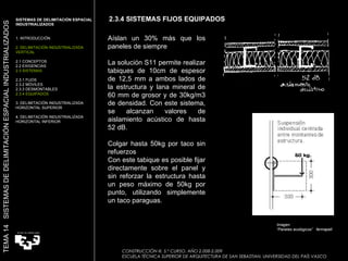 Aíslan un 30% más que los paneles de siempre La solución S11 permite realizar tabiques de 10cm de espesor de 12,5 mm a ambos lados de la estructura y lana mineral de 60 mm de grosor y de 30kg/m3 de densidad. Con este sistema, se alcanzan valores de aislamiento acústico de hasta 52 dB. Colgar hasta 50kg por taco sin refuerzos Con este tabique es posible fijar directamente sobre el panel y sin reforzar la estructura hasta un peso máximo de 50kg por punto, utilizando simplemente un taco paraguas. Imagen:  “ Paneles ecológicos”  fermapell 2.3.4 SISTEMAS FIJOS EQUIPADOS SISTEMAS DE DELIMITACIÓN ESPACIAL INDUSTRIALIZADOS  1. INTRODUCCIÓN 2. DELIMITACIÓN INDUSTRIALIZADA VERTICAL 2.1 CONCEPTOS 2.2 EXIGENCIAS 2.3 SISTEMAS 2.3.1 FIJOS 2.3.2 MÓVILES 2.3.3 DESMONTABLES 2.3.4 EQUIPADOS 3. DELIMITACIÓN INDUSTRIALIZADA HORIZONTAL SUPERIOR 4. DELIMITACIÓN INDUSTRIALIZADA HORIZONTAL INFERIOR TEMA 14  SISTEMAS DE DELIMITACIÓN ESPACIAL INDUSTRIALIZADOS CONSTRUCCIÓN III. 5.º CURSO. AÑO 2.008-2.009  ESCUELA TÉCNICA SUPERIOR DE ARQUITECTURA DE SAN SEBASTIAN. UNIVERSIDAD DEL PAÍS VASCO 