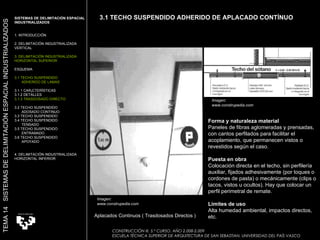 Con estructura auxiliar simple.   Forma y naturaleza material Paneles de fibras aglomeradas y prensadas, con cantos perfilados para facilitar el acoplamiento, que permanecen vistos o revestidos según el caso.  Puesta en obra Colocación directa en el techo, sin perfilería auxiliar, fijados adhesivamente (por toques o cordones de pasta) o mecánicamente (clips o tacos, vistos u ocultos). Hay que colocar un perfil perimetral de remate.  Límites de uso Alta humedad ambiental, impactos directos, etc.  Aplacados Continuos ( Trasdosados Directos ) SISTEMAS DE DELIMITACIÓN ESPACIAL INDUSTRIALIZADOS 1. INTRODUCCIÓN 2. DELIMITACIÓN INDUSTRIALIZADA VERTICAL 3. DELIMITACIÓN INDUSTRIALIZADA HORIZONTAL SUPERIOR ESQUEMA 3.1 TECHO SUSPENDIDO  ADHERIDO DE LAMAS 3.1.1 CARÁCTERÍSTICAS 3.1.2 DETALLES 3.1.3 TRASDOSADO DIRECTO 3.2 TECHO SUSPENDIDO  ADOSADO CONTINUO 3.3 TECHO SUSPENDIDO 3.4 TECHO SUSPENDIDO  TENSADO 3.5 TECHO SUSPENDIDO ENTRAMADO 3.6 TECHO SUSPENDIDO APOYADO 4. DELIMITACIÓN INDUSTRIALIZADA HORIZONTAL INFERIOR TEMA 14  SISTEMAS DE DELIMITACIÓN ESPACIAL INDUSTRIALIZADOS CONSTRUCCIÓN III. 5.º CURSO. AÑO 2.008-2.009  ESCUELA TÉCNICA SUPERIOR DE ARQUITECTURA DE SAN SEBASTIAN. UNIVERSIDAD DEL PAÍS VASCO 3.1 TECHO SUSPENDIDO ADHERIDO DE APLACADO CONTÍNUO Imagen:  www.construpedia.com Imagen:  www.construpedia.com 