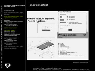 Imagen:www.construpedia.com Perfileria oculta, no coplanaria. Placa no registrable CONSTRUCCIÓN III. 5.º CURSO. AÑO 2.008-2.009  ESCUELA TÉCNICA SUPERIOR DE ARQUITECTURA DE SAN SEBASTIAN. UNIVERSIDAD DEL PAÍS VASCO SISTEMAS DE DELIMITACIÓN ESPACIAL INDUSTRIALIZADOS 1. INTRODUCCIÓN 2. DELIMITACIÓN INDUSTRIALIZADA VERTICAL 3. DELIMITACIÓN INDUSTRIALIZADA HORIZONTAL SUPERIOR ESQUEMA 3.1 TECHO SUSPENDIDO ADHERIDO  DE LAMAS 3.2 TECHO SUSPENDIDO  ADOSADO CONTINUO 3.3 TECHO SUSPENDIDO 3.3.1 PANEL LIGERO  3.3.2 PANEL PESADO 3.3.3 PLACA MARCO 3.3.4 SUSPENSIÓN CONTÍNUA 3.3.5 SISTEMA INTEGRAL 3.4 TECHO SUSPENDIDO  TENSADO 3.5 TECHO SUSPENDIDO ENTRAMADO 3.6 TECHO SUSPENDIDO APOYADO 4. DELIMITACIÓN INDUSTRIALIZADA HORIZONTAL INFERIOR TEMA 14  SISTEMAS DE DELIMITACIÓN ESPACIAL INDUSTRIALIZADOS 3.3.1 PANEL LIGERO 
