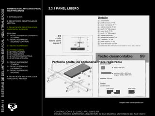 Perfileria oculta, no coplanaria. Placa registrable CONSTRUCCIÓN III. 5.º CURSO. AÑO 2.008-2.009  ESCUELA TÉCNICA SUPERIOR DE ARQUITECTURA DE SAN SEBASTIAN. UNIVERSIDAD DEL PAÍS VASCO SISTEMAS DE DELIMITACIÓN ESPACIAL INDUSTRIALIZADOS 1. INTRODUCCIÓN 2. DELIMITACIÓN INDUSTRIALIZADA VERTICAL 3. DELIMITACIÓN INDUSTRIALIZADA HORIZONTAL SUPERIOR ESQUEMA 3.1 TECHO SUSPENDIDO ADHERIDO  DE LAMAS 3.2 TECHO SUSPENDIDO  ADOSADO CONTINUO 3.3 TECHO SUSPENDIDO 3.3.1 PANEL LIGERO  3.3.2 PANEL PESADO 3.3.3 PLACA MARCO 3.3.4 SUSPENSIÓN CONTÍNUA 3.3.5 SISTEMA INTEGRAL 3.4 TECHO SUSPENDIDO  TENSADO 3.5 TECHO SUSPENDIDO ENTRAMADO 3.6 TECHO SUSPENDIDO APOYADO 4. DELIMITACIÓN INDUSTRIALIZADA HORIZONTAL INFERIOR TEMA 14  SISTEMAS DE DELIMITACIÓN ESPACIAL INDUSTRIALIZADOS 3.3.1 PANEL LIGERO Imagen:www.construpedia.com 