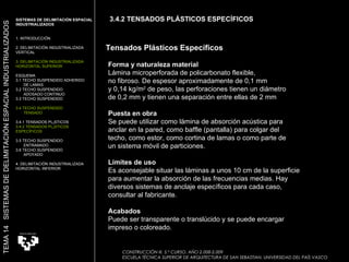 Tensados Plásticos Específicos Forma y naturaleza material Lámina microperforada de policarbonato flexible,  no fibroso. De espesor aproximadamente de 0,1 mm  y 0,14 kg/m 2  de peso, las perforaciones tienen un diámetro  de 0,2 mm y tienen una separación entre ellas de 2 mm  Puesta en obra Se puede utilizar como lámina de absorción acústica para  anclar en la pared, como baffle (pantalla) para colgar del  techo, como estor, como cortina de lamas o como parte de  un sistema móvil de particiones.  Límites de uso Es aconsejable situar las láminas a unos 10 cm de la superficie para aumentar la absorción de las frecuencias medias. Hay diversos sistemas de anclaje específicos para cada caso, consultar al fabricante.  Acabados Puede ser transparente o translúcido y se puede encargar impreso o coloreado.  CONSTRUCCIÓN III. 5.º CURSO. AÑO 2.008-2.009  ESCUELA TÉCNICA SUPERIOR DE ARQUITECTURA DE SAN SEBASTIAN. UNIVERSIDAD DEL PAÍS VASCO SISTEMAS DE DELIMITACIÓN ESPACIAL INDUSTRIALIZADOS 1. INTRODUCCIÓN 2. DELIMITACIÓN INDUSTRIALIZADA  VERTICAL 3. DELIMITACIÓN INDUSTRIALIZADA  HORIZONTAL SUPERIOR ESQUEMA 3.1 TECHO SUSPENDIDO ADHERIDO  DE LAMAS 3.2 TECHO SUSPENDIDO  ADOSADO CONTINUO 3.3 TECHO SUSPENDIDO 3.4 TECHO SUSPENDIDO TENSADO 3.4.1 TENSADOS PLÁSTICOS 3.4.2 TENSADOS PLÁSTICOS ESPECÍFICOS 3.5 TECHO SUSPENDIDO ENTRAMADO 3.6 TECHO SUSPENDIDO APOYADO 4. DELIMITACIÓN INDUSTRIALIZADA HORIZONTAL INFERIOR TEMA 14  SISTEMAS DE DELIMITACIÓN ESPACIAL INDUSTRIALIZADOS 3.4.2 TENSADOS PLÁSTICOS ESPECÍFICOS 