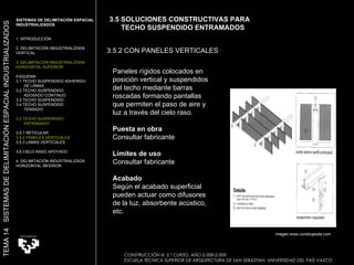 CONSTRUCCIÓN III. 5.º CURSO. AÑO 2.008-2.009  ESCUELA TÉCNICA SUPERIOR DE ARQUITECTURA DE SAN SEBASTIAN. UNIVERSIDAD DEL PAÍS VASCO 3.5 SOLUCIONES CONSTRUCTIVAS PARA  TECHO SUSPENDIDO ENTRAMADOS 3.5.2 CON PANELES VERTICALES Paneles rígidos colocados en posición vertical y suspendidos del techo mediante barras roscadas formando pantallas que permiten el paso de aire y luz a través del cielo raso.  Puesta en obra Consultar fabricante  Límites de uso Consultar fabricante Acabado Según el acabado superficial pueden actuar como difusores de la luz, absorbente acústico, etc. SISTEMAS DE DELIMITACIÓN ESPACIAL INDUSTRIALIZADOS 1. INTRODUCCIÓN 2. DELIMITACIÓN INDUSTRIALIZADA VERTICAL 3. DELIMITACIÓN INDUSTRIALIZADA HORIZONTAL SUPERIOR ESQUEMA 3.1 TECHO SUSPENDIDO ADHERIDO  DE LAMAS 3.2 TECHO SUSPENDIDO  ADOSADO CONTINUO 3.3 TECHO SUSPENDIDO 3.4 TECHO SUSPENDIDO TENSADO 3.5 TECHO SUSPENDIDO  ENTRAMADO 3.5.1 RETICULAR 3.5.2 PANELES VERTICALES 3.5.3 LAMAS VERTICALES 3.6 CIELO RASO APOYADO 4. DELIMITACIÓN INDUSTRIALIZADA HORIZONTAL INFERIOR TEMA 14  SISTEMAS DE DELIMITACIÓN ESPACIAL INDUSTRIALIZADOS Imagen:www.construpedia.com 
