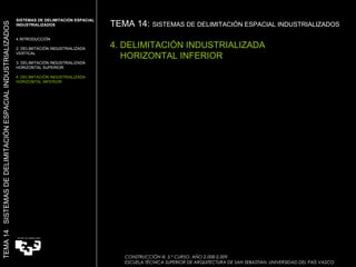 SISTEMAS DE DELIMITACIÓN ESPACIAL INDUSTRIALIZADOS INTRODUCCIÓN 2. DELIMITACIÓN INDUSTRIALIZADA VERTICAL 3. DELIMITACIÓN INDUSTRIALIZADA HORIZONTAL SUPERIOR 4. DELIMITACIÓN INDUSTRIALIZADA HORIZONTAL INFERIOR TEMA 14:  SISTEMAS DE DELIMITACIÓN ESPACIAL INDUSTRIALIZADOS   4. DELIMITACIÓN INDUSTRIALIZADA  HORIZONTAL INFERIOR TEMA 14  SISTEMAS DE DELIMITACIÓN ESPACIAL INDUSTRIALIZADOS CONSTRUCCIÓN III. 5.º CURSO. AÑO 2.008-2.009  ESCUELA TÉCNICA SUPERIOR DE ARQUITECTURA DE SAN SEBASTIAN. UNIVERSIDAD DEL PAÍS VASCO 