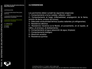 Los pavimentos deben cumplir las siguientes exigencias:  1.- Comportamiento a la luz (solidez, reflexión, color)  2.- Comportamiento al fuego (inflamabilidad, propagación de la llama, emisión de llama, emisión de humos)  3.- Adecuada conductividad térmica (suelos radiantes y/o refrigerantes)  4.- Resistencia eléctrica  5.- Resistencia mecánica (a la flexión, al punzamiento, en el rayado, al tráfico, al arranque, al deslizamiento)  6.- Comportamiento al agua (absorción de agua, limpieza)  7.- Comportamiento biológico  8.- Absorción acústica  9.- Resistencia química  4.2 EXIGENCIAS CONSTRUCCIÓN III. 5.º CURSO. AÑO 2.008-2.009  ESCUELA TÉCNICA SUPERIOR DE ARQUITECTURA DE SAN SEBASTIAN. UNIVERSIDAD DEL PAÍS VASCO TEMA 14  SISTEMAS DE DELIMITACIÓN ESPACIAL INDUSTRIALIZADOS SISTEMAS DE DELIMITACIÓN ESPACIAL INDUSTRIALIZADOS INTRODUCCIÓN 2. DELIMITACIÓN INDUSTRIALIZADA VERTICAL 3. DELIMITACIÓN INDUSTRIALIZADA HORIZONTAL SUPERIOR 4. DELIMITACIÓN INDUSTRIALIZADA HORIZONTAL INFERIOR 4.1 CONCEPTOS 4.2 EXIGENCIAS 4.3 USOS 4.4 TIPOS 