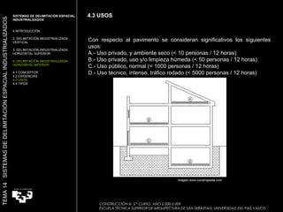 4.3 USOS CONSTRUCCIÓN III. 5.º CURSO. AÑO 2.008-2.009  ESCUELA TÉCNICA SUPERIOR DE ARQUITECTURA DE SAN SEBASTIAN. UNIVERSIDAD DEL PAÍS VASCO TEMA 14  SISTEMAS DE DELIMITACIÓN ESPACIAL INDUSTRIALIZADOS SISTEMAS DE DELIMITACIÓN ESPACIAL INDUSTRIALIZADOS INTRODUCCIÓN 2. DELIMITACIÓN INDUSTRIALIZADA VERTICAL 3. DELIMITACIÓN INDUSTRIALIZADA HORIZONTAL SUPERIOR 4. DELIMITACIÓN INDUSTRIALIZADA HORIZONTAL INFERIOR 4.1 CONCEPTOS 4.2 EXIGENCIAS 4.3 USOS 4.4 TIPOS Con respecto al pavimento se consideran significativos los siguientes usos:  A.- Uso privado, y ambiente seco (< 10 personas / 12 horas)  B.- Uso privado, uso y/o limpieza húmeda (< 50 personas / 12 horas)  C.- Uso público, normal (< 1000 personas / 12 horas)  D.- Uso técnico, intenso, tráfico rodado (< 5000 personas / 12 horas)   Imagen:www.construpedia.com 