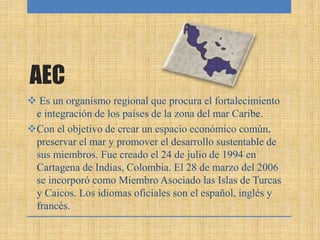 AEC
 Es un organismo regional que procura el fortalecimiento
e integración de los países de la zona del mar Caribe.
Con el objetivo de crear un espacio económico común,
preservar el mar y promover el desarrollo sustentable de
sus miembros. Fue creado el 24 de julio de 1994 en
Cartagena de Indias, Colombia. El 28 de marzo del 2006
se incorporó como Miembro Asociado las Islas de Turcas
y Caicos. Los idiomas oficiales son el español, inglés y
francés.
 