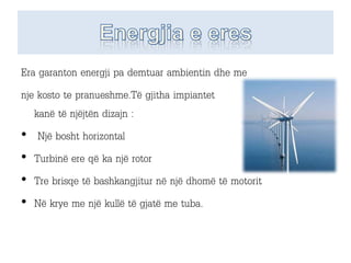 Era garanton energji pa demtuar ambientin dhe me
nje kosto te pranueshme.Të gjitha impiantet
kanë të njëjtën dizajn :
• Një bosht horizontal
• Turbinë ere që ka një rotor
• Tre brisqe të bashkangjitur në një dhomë të motorit
• Në krye me një kullë të gjatë me tuba.
 