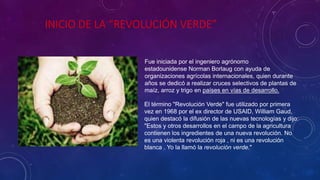INICIO DE LA “REVOLUCIÓN VERDE”
Fue iniciada por el ingeniero agrónomo
estadounidense Norman Borlaug con ayuda de
organizaciones agrícolas internacionales, quien durante
años se dedicó a realizar cruces selectivos de plantas de
maíz, arroz y trigo en países en vías de desarrollo.
El término "Revolución Verde" fue utilizado por primera
vez en 1968 por el ex director de USAID, William Gaud,
quien destacó la difusión de las nuevas tecnologías y dijo:
"Estos y otros desarrollos en el campo de la agricultura
contienen los ingredientes de una nueva revolución. No
es una violenta revolución roja , ni es una revolución
blanca . Yo la llamó la revolución verde."
 