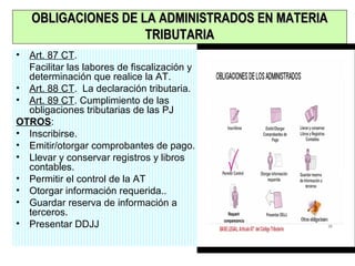 38/40
• Art. 87 CT.
Facilitar las labores de fiscalización y
determinación que realice la AT.
• Art. 88 CT. La declaración tributaria.
• Art. 89 CT. Cumplimiento de las
obligaciones tributarias de las PJ
OTROS:
• Inscribirse.
• Emitir/otorgar comprobantes de pago.
• Llevar y conservar registros y libros
contables.
• Permitir el control de la AT
• Otorgar información requerida..
• Guardar reserva de información a
terceros.
• Presentar DDJJ
OBLIGACIONES DE LA ADMINISTRADOS EN MATERIAOBLIGACIONES DE LA ADMINISTRADOS EN MATERIA
TRIBUTARIATRIBUTARIA
 