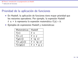 IM Tema 2: Introducción a la programación con Haskell
  Aplicación de funciones




Prioridad de la aplicación de funciones
         En Haskell, la aplicación de funciones tiene mayor prioridad que
         los restantes operadores. Por ejemplo, la expresión Haskell
         f a + b representa la expresión matemática f (a) + b.
         Ejemplos de expresiones Haskell y matemáticas:

                       Matemáticas              Haskell
                       f (x )                   f x
                       f (x , y )               f x y
                       f (g(x ))                f (g x)
                       f (x , g(y ))            f x (g y)
                       f (x )g(y )              f x * g y




                                                                            18 / 30
 