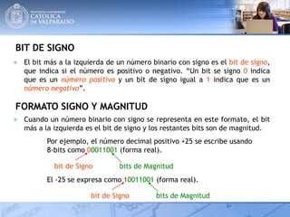 BIT DE SIGNO
● El bit más a la izquierda de un número binario con signo es el bit de signo,
que indica si el número es positivo o negativo. “Un bit se signo 0 indica
que es un número positivo y un bit de signo igual a 1 indica que es un
número negativo”.
FORMATO SIGNO Y MAGNITUD
● Cuando un número binario con signo se representa en este formato, el bit
más a la izquierda es el bit de signo y los restantes bits son de magnitud.
Por ejemplo, el número decimal positivo +25 se escribe usando
8-bits como 00011001 (forma real).
bit de Signo bits de Magnitud
El -25 se expresa como 10011001 (forma real).
bit de Signo bits de Magnitud
 