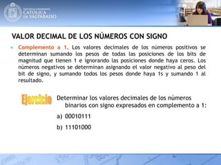 VALOR DECIMAL DE LOS NÚMEROS CON SIGNO
● Complemento a 1. Los valores decimales de los números positivos se
determinan sumando los pesos de todas las posiciones de los bits de
magnitud que tienen 1 e ignorando las posiciones donde haya ceros. Los
números negativos se determinan asignando el valor negativo al peso del
bit de signo, y sumando todos los pesos donde haya 1s y sumando 1 al
resultado.
Determinar los valores decimales de los números
binarios con signo expresados en complemento a 1:
a) 00010111
b) 11101000
 