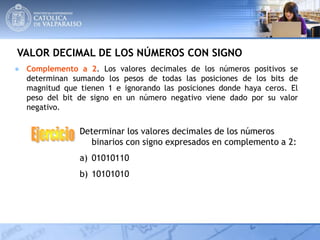 VALOR DECIMAL DE LOS NÚMEROS CON SIGNO
● Complemento a 2. Los valores decimales de los números positivos se
determinan sumando los pesos de todas las posiciones de los bits de
magnitud que tienen 1 e ignorando las posiciones donde haya ceros. El
peso del bit de signo en un número negativo viene dado por su valor
negativo.
Determinar los valores decimales de los números
binarios con signo expresados en complemento a 2:
a) 01010110
b) 10101010
 