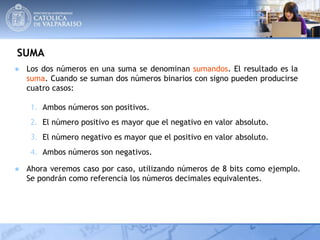 SUMA
● Los dos números en una suma se denominan sumandos. El resultado es la
suma. Cuando se suman dos números binarios con signo pueden producirse
cuatro casos:
1. Ambos números son positivos.
2. El número positivo es mayor que el negativo en valor absoluto.
3. El número negativo es mayor que el positivo en valor absoluto.
4. Ambos números son negativos.
● Ahora veremos caso por caso, utilizando números de 8 bits como ejemplo.
Se pondrán como referencia los números decimales equivalentes.
 