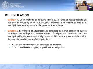MULTIPLICACIÓN
● Método 1. En el método de la suma directa, se suma el multiplicando un
número de veces igual al multiplicador. Método no eficiente ya que si el
multiplicador es muy grande, la suma será muy larga.
● Método 2. El método de los productos parciales es el más común ya que es
la forma de multiplicar manualmente. El signo del producto de una
multiplicación depende de los signos del multiplicando y del multiplicador,
de acuerdo con las dos reglas siguientes:
 Si son del mismo signo, el producto es positivo.
 Si son de diferente signo, el producto es negativo.
 