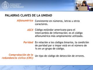 PALABRAS CLAVES DE LA UNIDAD
Alfanumérico
ASCII
Paridad
Comprobación de la
redundancia cíclica (CRC)
Consistente en números, letras u otros
caracteres.
Código estándar americano para el
intercambio de información; es el código
alfanumérico más ampliamente utilizado.
En relación a los códigos binarios, la condición
de paridad par o impar está en el número de
1s en un grupo de código.
Un tipo de código de detección de errores.
 
