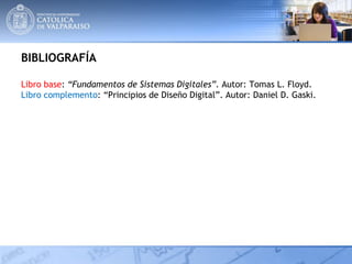BIBLIOGRAFÍA
Libro base: “Fundamentos de Sistemas Digitales”. Autor: Tomas L. Floyd.
Libro complemento: “Principios de Diseño Digital”. Autor: Daniel D. Gaski.
 