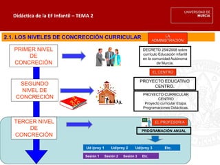 Didáctica de la EF Infantil – TEMA 2
2.1. LOS NIVELES DE CONCRECCIÓN CURRICULAR
TERCER NIVEL
DE
CONCRECIÓN
EL PROFESOR/A
LA
ADMINISTRACIÓN
PRIMER NIVEL
DE
CONCRECIÓN
DECRETO 254/2008 sobre
currículo Educación infantil
en la comunidad Autónoma
de Murcia.
SEGUNDO
NIVEL DE
CONCRECIÓN
PROYECTO EDUCATIVO
CENTRO.
PROYECTO CURRICULAR
CENTRO
Proyecto curricular Etapa.
Programaciones Didácticas.
EL CENTRO
Ud /proy 1 Ud/proy 2 Ud/proy 3 Etc.
Sesión 1 Sesión 2 Sesión 3 Etc.
PROGRAMACIÓN ANUAL
 