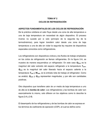 TEMA Nº 2
                       CICLOS DE REFRIGERACIÓN


ASPECTOS FUNDAMENTALES DE LOS CICLOS DE REFRIGERACIÓN
De la práctica cotidiana el calor fluye desde una zona de alta temperatura a
una de baja temperatura sin necesidad de algún dispositivo. El proceso
inverso no sucede por si solo (principio de la segunda ley de la
termodinámica), para lograr transferir calor desde una zona de baja
temperatura a una de alta sin violar la segunda ley requiere de dispositivos
especiales conocidos como refrigeradores.


Los refrigeradores son dispositivos cíclicos y los fluidos de trabajo empleados
en los ciclos de refrigeración se llaman refrigerantes. En la figura 2-A, se
muestra de manera esquemática un refrigerador. En este caso QSum es la
magnitud del calor extraído del espacio refrigerado a la temperatura Tsum,
Qced es la magnitud del calor liberado hacia el espacio caliente a la
temperatura Tced y Wneto, es la entrada neta de trabajo al refrigerador. Como
se analizó, Qsum y Qced representan magnitudes, y por ello son cantidades
positivas.


Otro dispositivo que transfiere calor de un medio de baja temperatura a uno
de alta es la bomba de calor. Los refrigeradores y las bombas de calor son
esencialmente lo mismo, solo difieren en los objetivos como lo describe la
figura 2-A y 2-B.


El desempeño de los refrigeradores y de las bombas de calor se expresa en
los términos de coeficiente de operación (COP), el cual se define como:
 