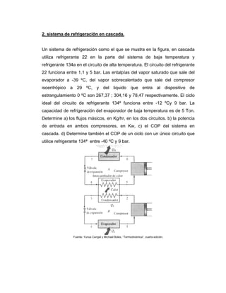 2. sistema de refrigeración en cascada.


Un sistema de refrigeración como el que se mustra en la figura, en cascada
utiliza refrigerante 22 en la parte del sistema de baja temperatura y
refrigerante 134a en el circuito de alta temperatura. El circuito del refrigerante
22 funciona entre 1,1 y 5 bar. Las entalpías del vapor saturado que sale del
evaporador a -39 ºC, del vapor sobrecalentado que sale del compresor
isoentrópico a 29 ºC, y del liquido que entra al dispositivo de
estrangulamiento 0 ºC son 267,37 ; 304,16 y 78,47 respectivamente. El ciclo
ideal del circuito de refrigerante 134ª funciona entre -12 ºCy 9 bar. La
capacidad de refrigeración del evaporador de baja temperatura es de 5 Ton.
Determine a) los flujos másicos, en Kg/hr, en los dos circuitos. b) la potencia
de entrada en ambos compresores, en Kw, c) el COP del sistema en
cascada. d) Determine también el COP de un ciclo con un único circuito que
utilice refrigerante 134ª entre -40 ºC y 9 bar.




                Fuente: Yunus Cengel y Michael Boles, “Termodinámica”, cuarta edición.
 