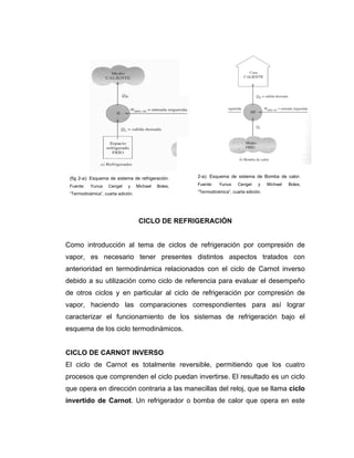 CICLO DE REFRIGERACIÓN
Como introducción al tema de ciclos de refrigeración por compresión de
vapor, es necesario tener presentes distintos aspectos tratados con
anterioridad en termodinámica relacionados con el ciclo de Carnot inverso
debido a su utilización como ciclo de referencia para evaluar el desempeño
de otros ciclos y en particular al ciclo de refrigeración por compresión de
vapor, haciendo las comparaciones correspondientes para así lograr
caracterizar el funcionamiento de los sistemas de refrigeración bajo el
esquema de los ciclo termodinámicos.
CICLO DE CARNOT INVERSO
El ciclo de Carnot es totalmente reversible, permitiendo que los cuatro
procesos que comprenden el ciclo puedan invertirse. El resultado es un ciclo
que opera en dirección contraria a las manecillas del reloj, que se llama ciclo
invertido de Carnot. Un refrigerador o bomba de calor que opera en este
(fig 2-a): Esquema de sistema de refrigeración.
Fuente: Yunus Cengel y Michael Boles,
“Termodinámica”, cuarta edición.
2-a): Esquema de sistema de Bomba de calor.
Fuente: Yunus Cengel y Michael Boles,
“Termodinámica”, cuarta edición.
 