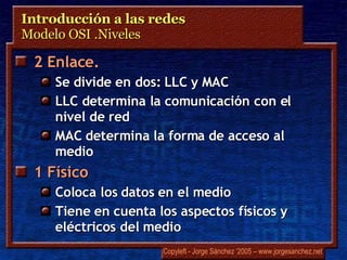 Introducción a las redes  Modelo OSI .Niveles 2 Enlace. Se divide en dos: LLC y MAC LLC determina la comunicación con el nivel de red MAC determina la forma de acceso al medio 1 Físico Coloca los datos en el medio Tiene en cuenta los aspectos físicos y eléctricos del medio 