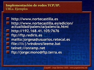 http://www.nortecastilla.es http://www.nortecastilla.es/edicion/ actualidad/palencia/palencia.html http://192.168.41.105:7676 ftp://ftp.rediris.es mailto:jorgesa@usuarios.retecal.es file:///c|/windows/leeme.bat telnet://onramp.net ftp://jorge:mono@ftp.terra.es Implementación de redes TCP/IP.  URLs.  Ejemplos 