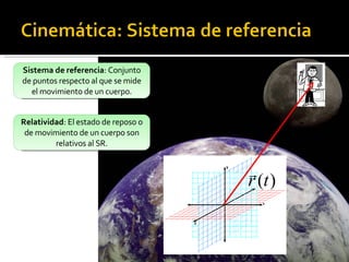 Sistema de referencia : Conjunto de puntos respecto al que se mide el movimiento de un cuerpo. Relatividad : El estado de reposo o de movimiento de un cuerpo son relativos al SR. 