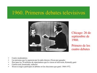 1960. Primeros debates televisivos Cuatro moderadores Las personas que lo siguieron por la radio dieron a Nixon por ganador.  Pero para los 70 millones de espectadores que lo vieron en televisión, Kennedy ganó Camisa azul, bronceado, seductor. Nixon se negó a participar en debates en las elecciones que ganó: 1968-1972.  Chicago: 26 de septiembre de 1960.  Primero de los cuatro debates   