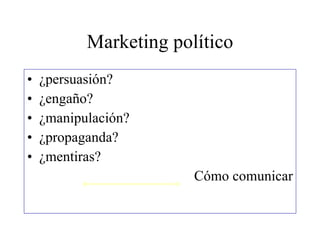 Marketing político ¿persuasión? ¿engaño? ¿manipulación? ¿propaganda? ¿mentiras? Cómo comunicar 