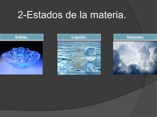 2-Estados de la materia. 
Sólido. Líquido. Gaseoso. 
 
